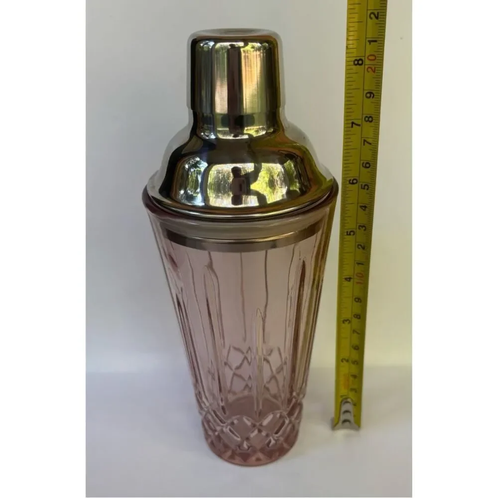 Vintage Pottery Barn Pink Cut-Glass Cocktail Shaker with Silver Lid